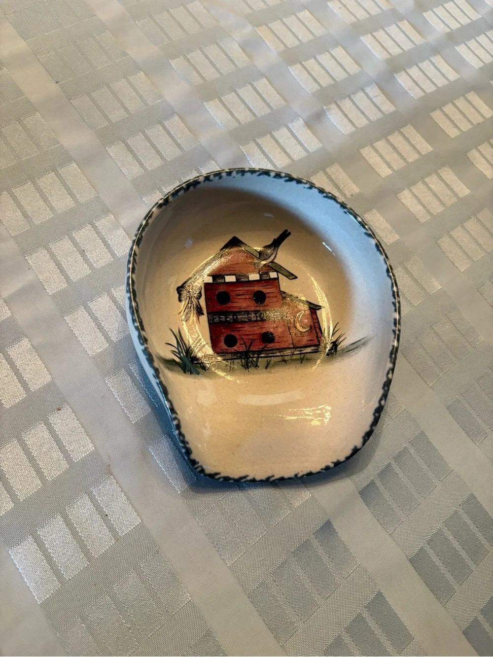 Painted Ceramic Spoon Rest in Cream and Blue. Home and Garden Party